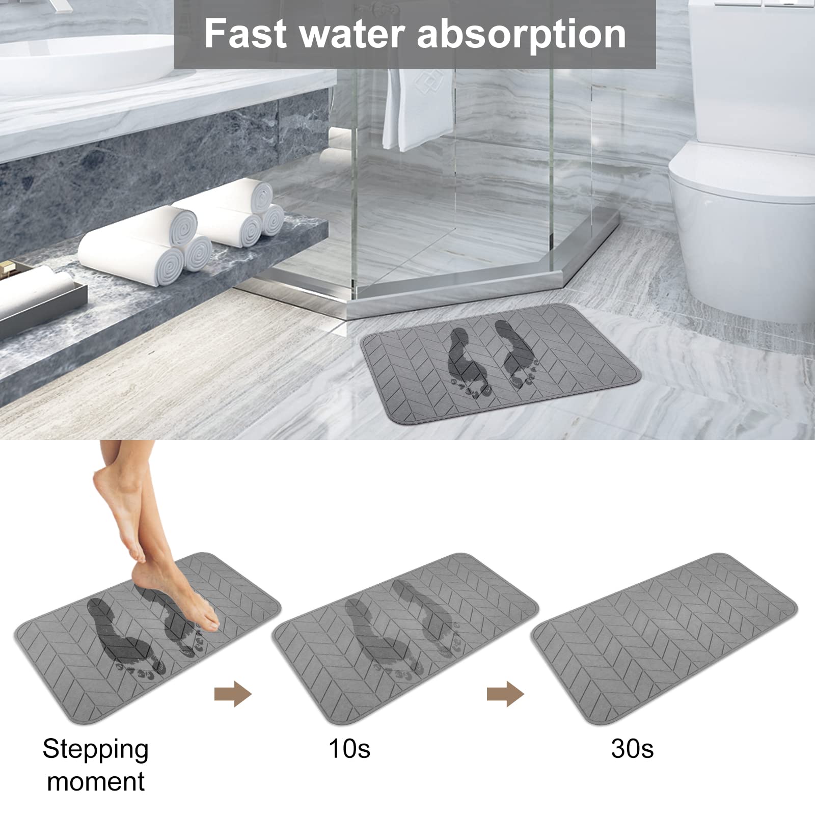 JUERLEN diatomaceous-earth quick-dry mat absorbs water in minutes.