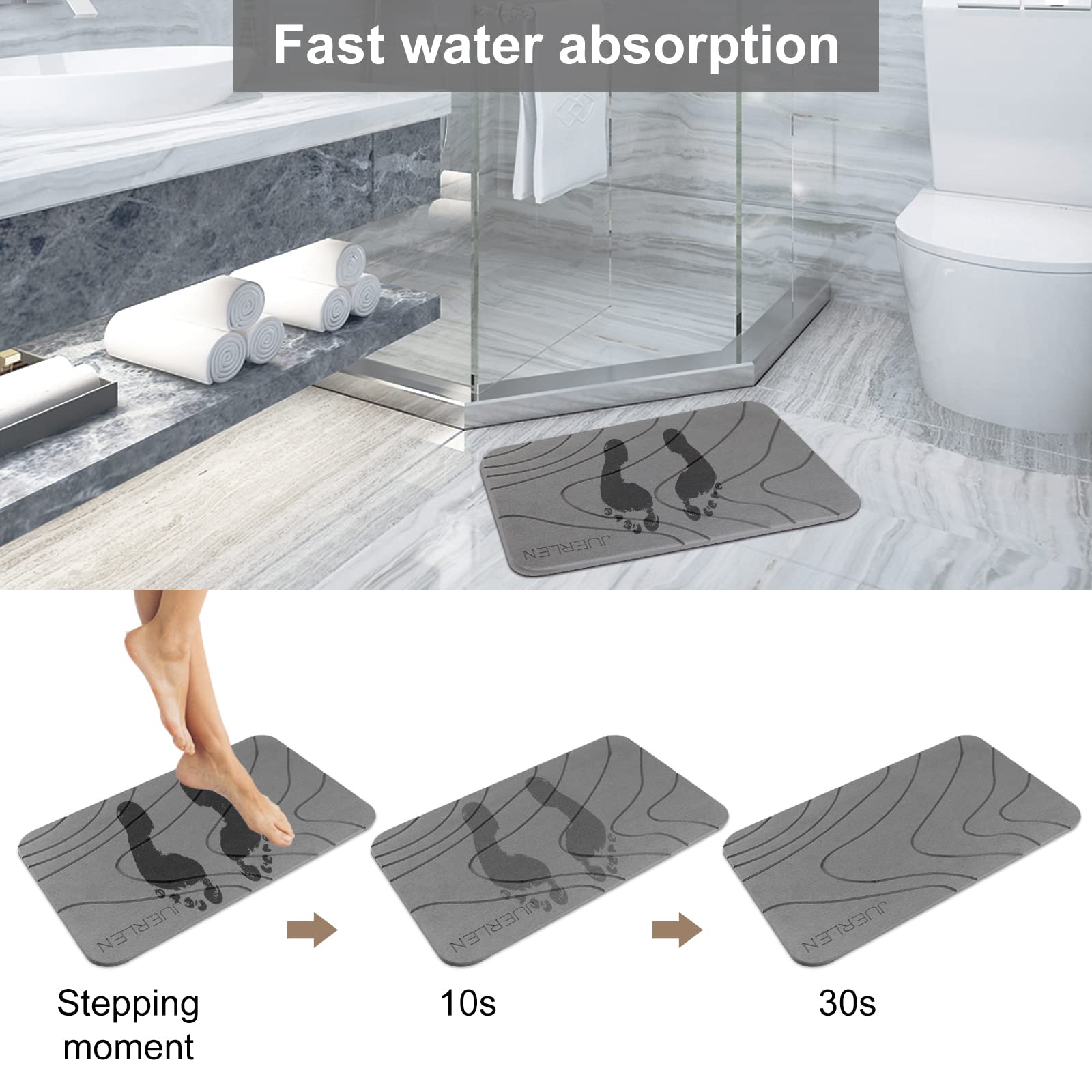 JUERLEN quick-drying diatomaceous mat demonstrates fast moisture evaporation.