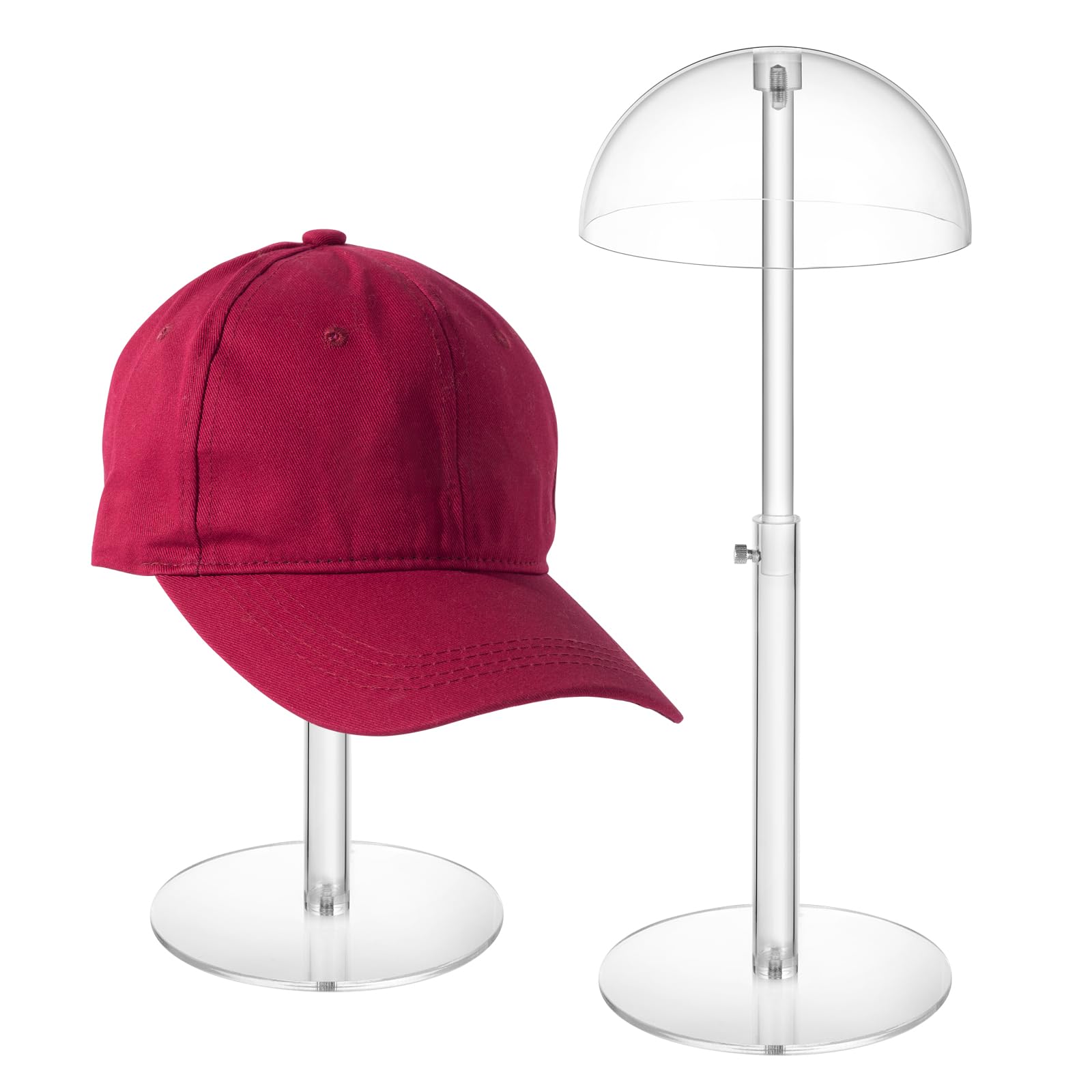 JUESHA clear acrylic hat display stand with a dome top showcasing hats neatly on the counter.