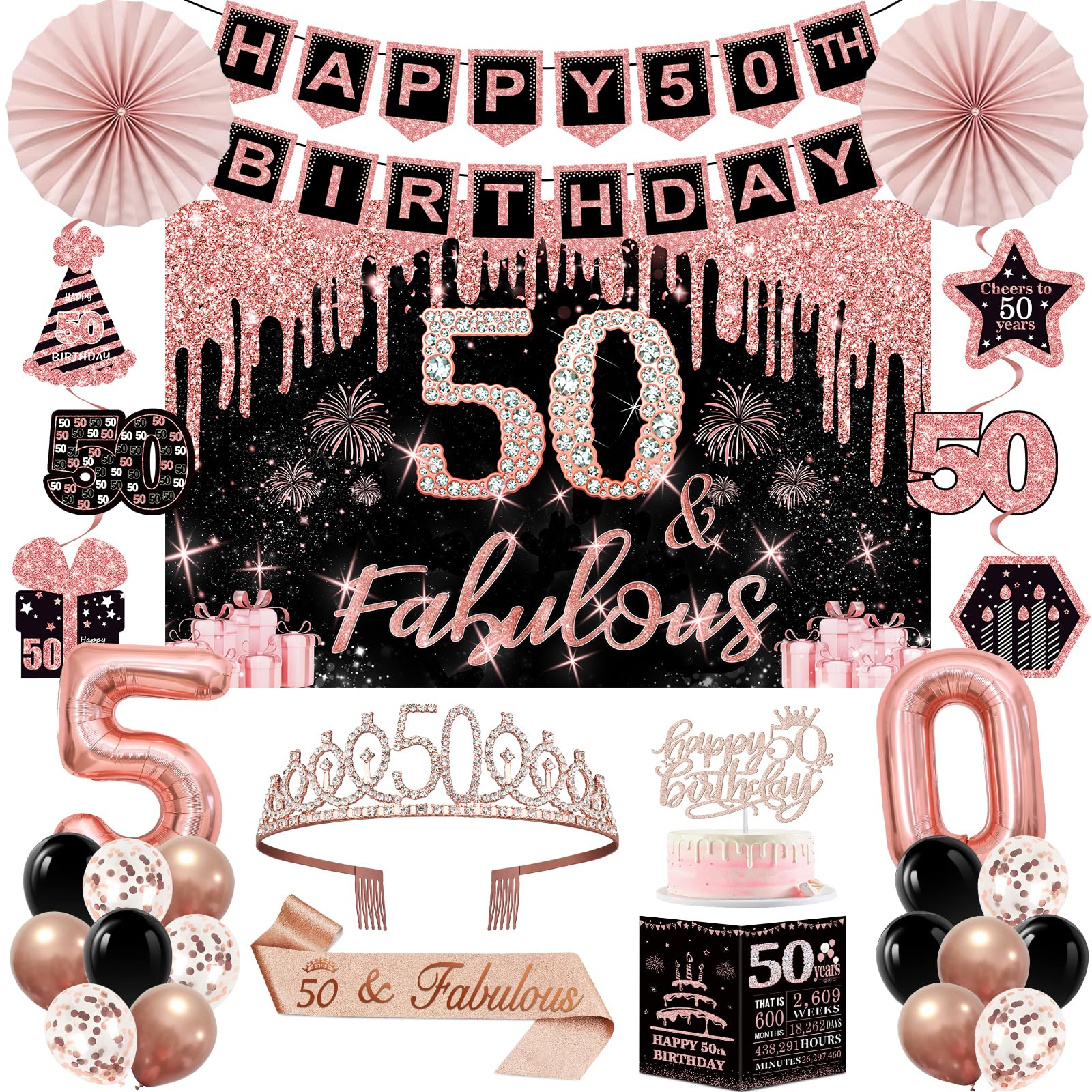 Juesly 50th banner backdrop with rose gold accents for photo-worthy moments