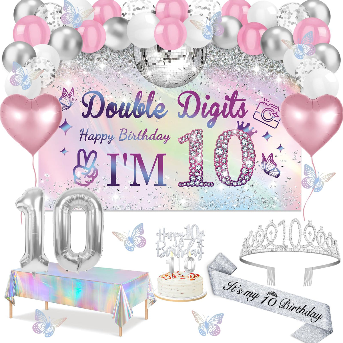 Juesly banner double digits iridescent backdrop for a sparkling 10th birthday