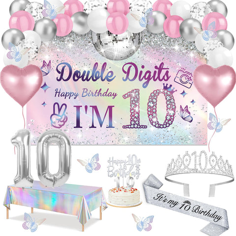 Juesly banner double digits iridescent backdrop for a sparkling 10th birthday