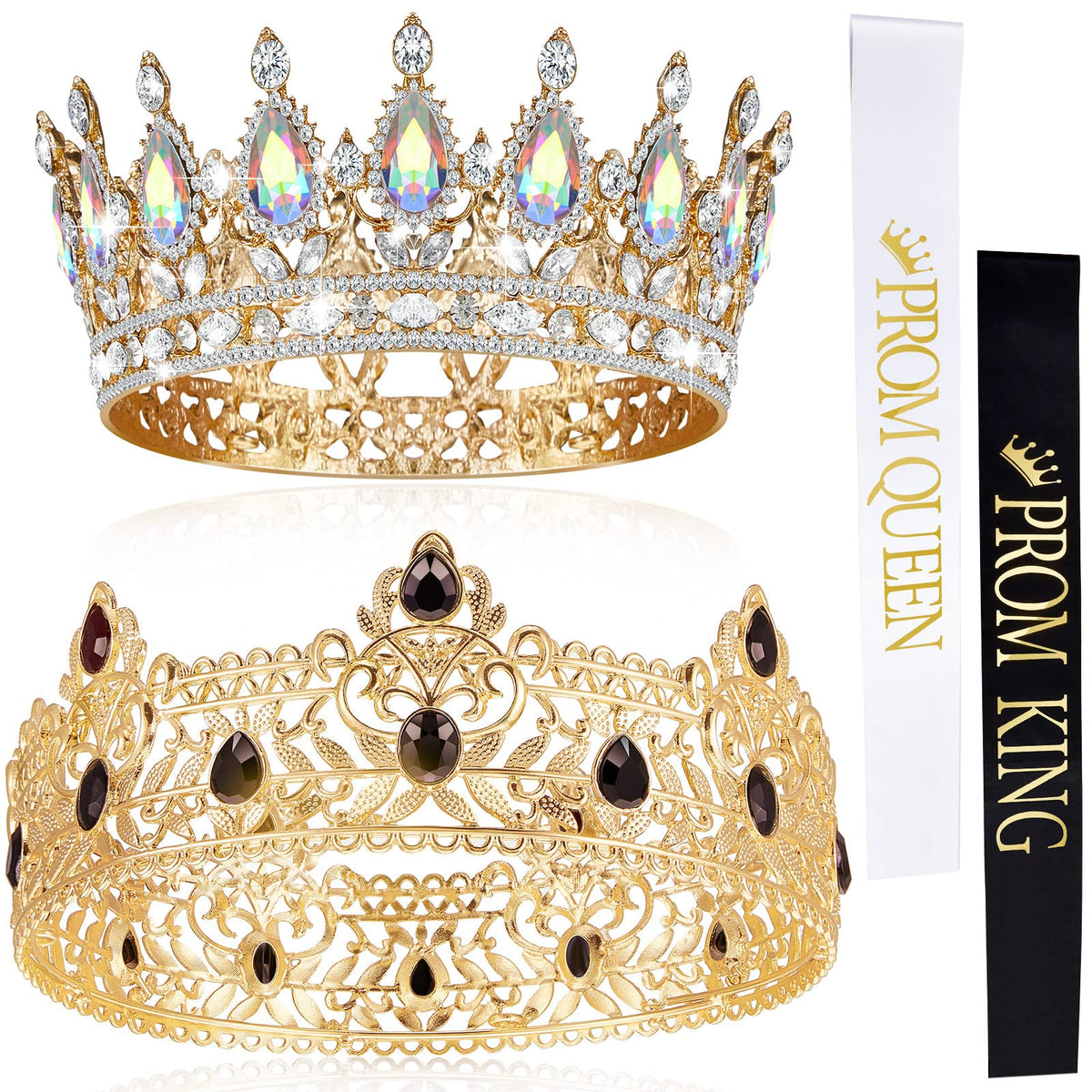 Juexica prom king crown in gold with black rhinestones for regal prom night flair