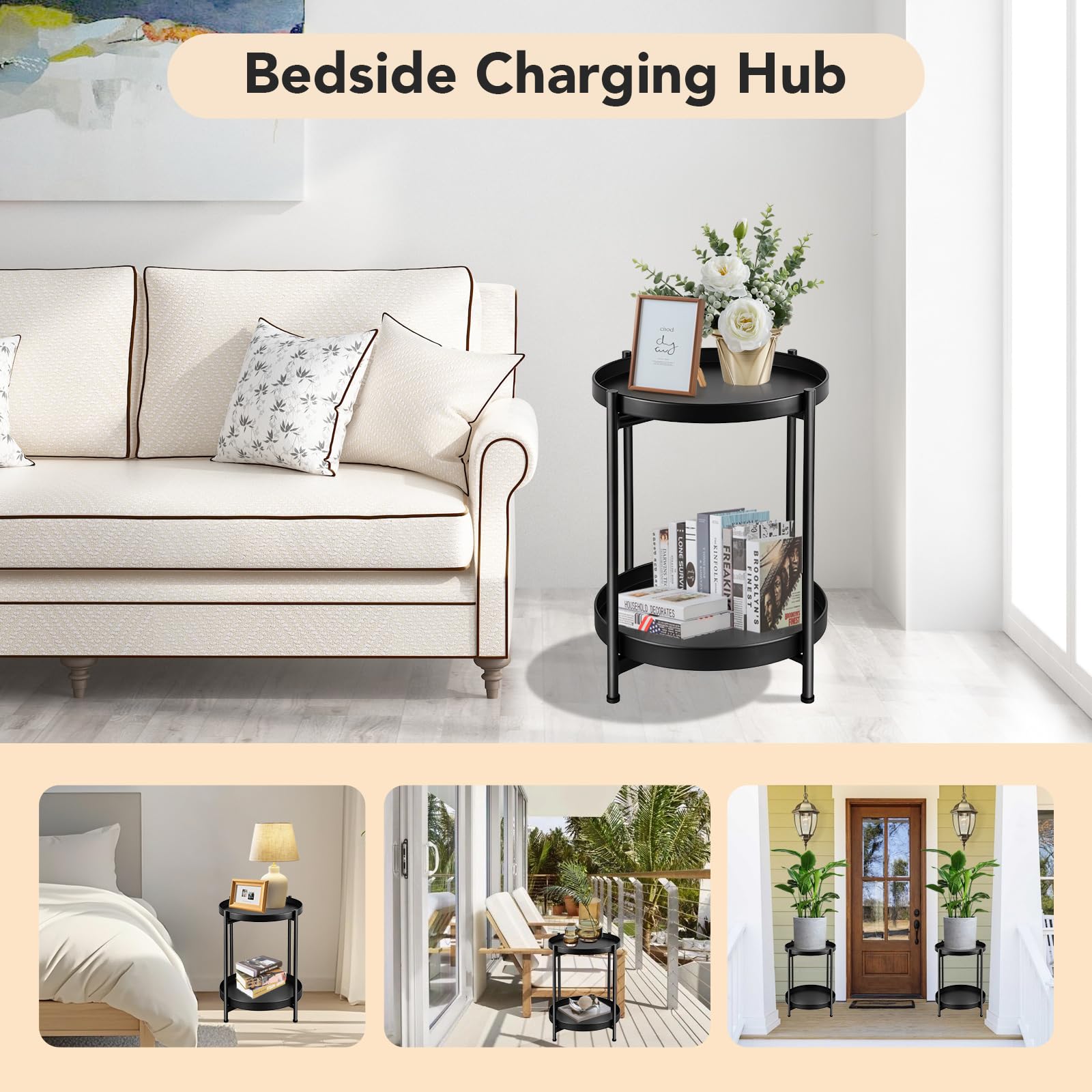 JuheBoxia living room setup showing compact round side table with seating