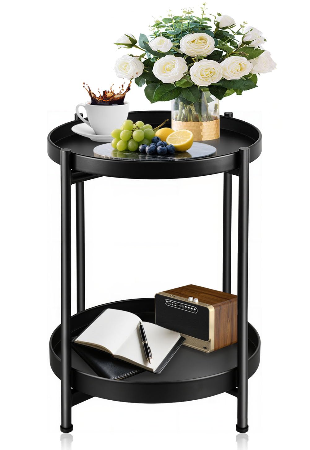JuheBoxia foldable two-tier round side table top view showing drinks and decor