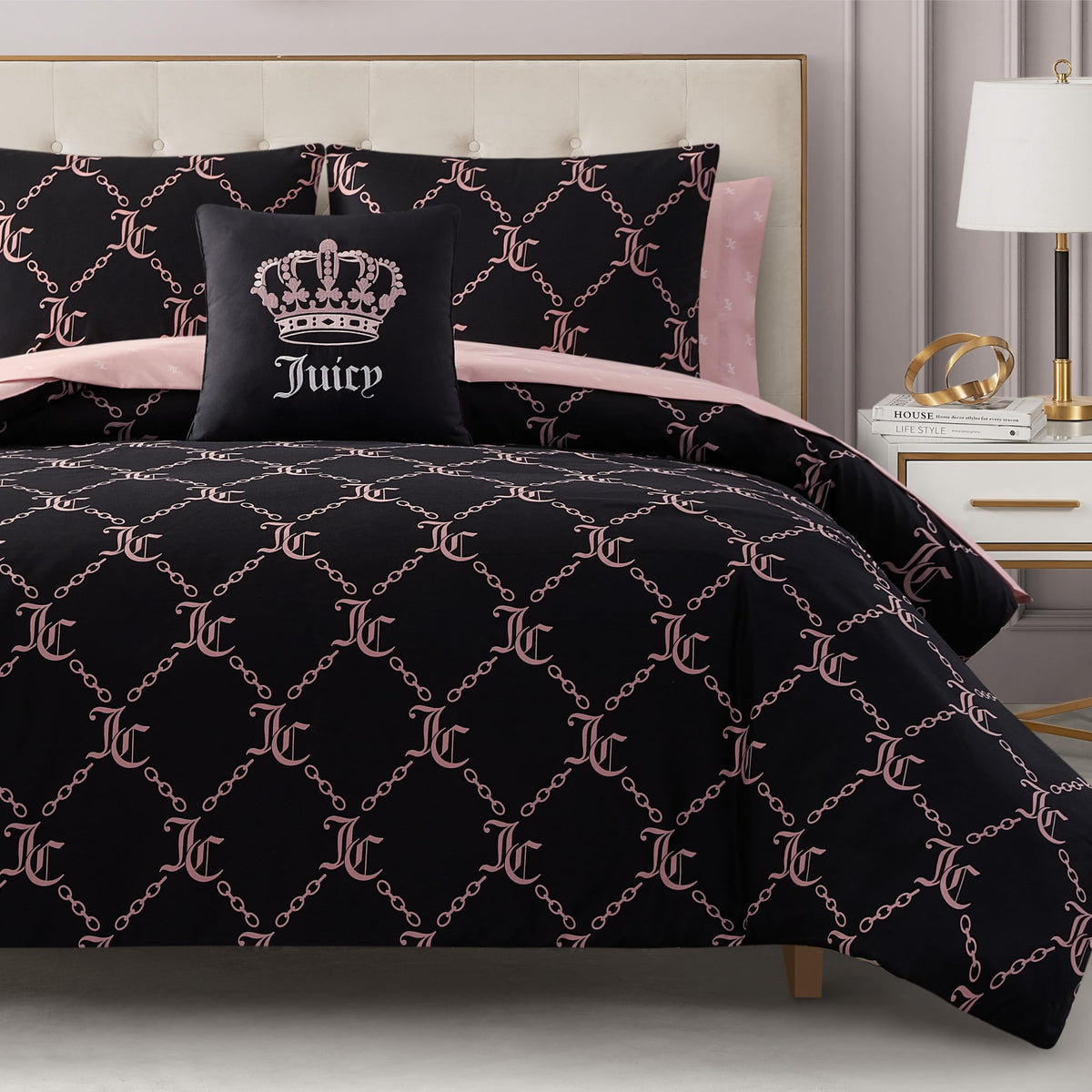 Juicy Couture black link logo comforter adds bold branding for a chic, fashion-forward bedroom.
