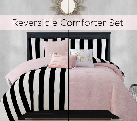 Juicy Couture Cabana Stripe set shown on a softly lit bedroom display for easy care.