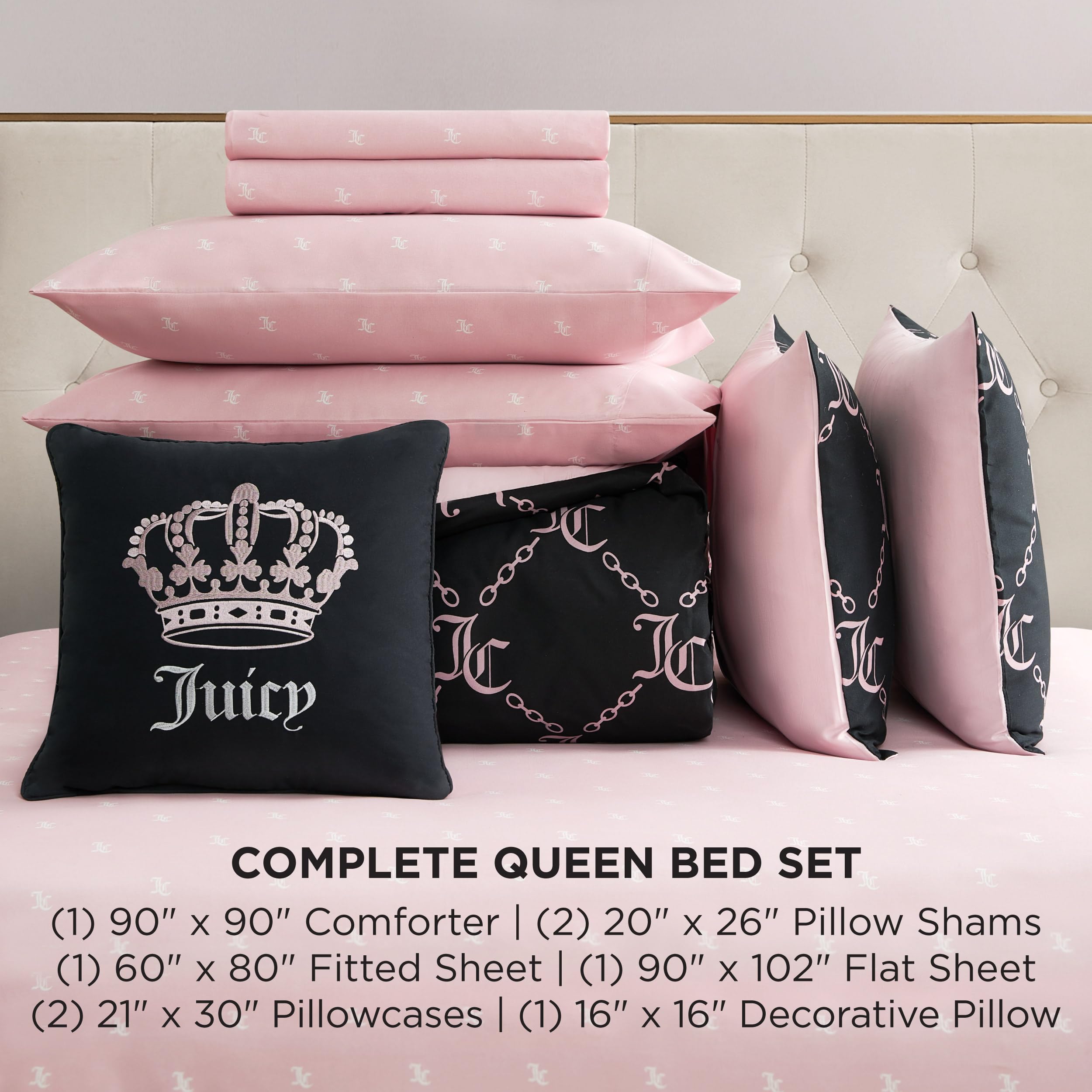 Juicy Couture heritage logo detail enhances the bedding with luxury flair and branding.