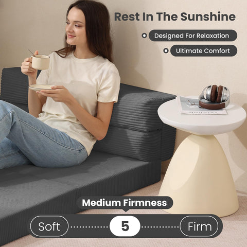 JUIKURY sofa bed showing four forms: floor sofa, adjustable chair, recliner, bed