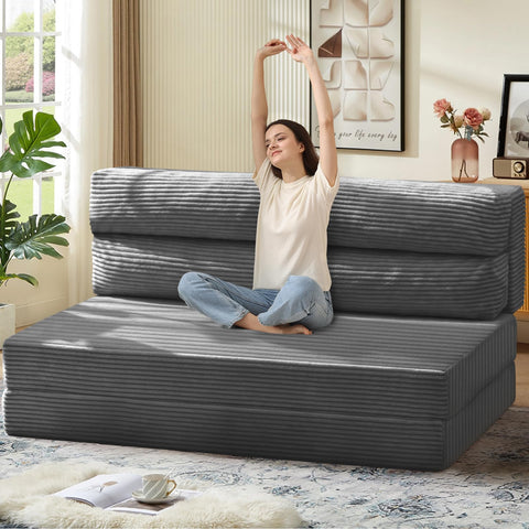 JUIKURY folding sofa bed in grey corduroy fabric offers soft comfort and durability.