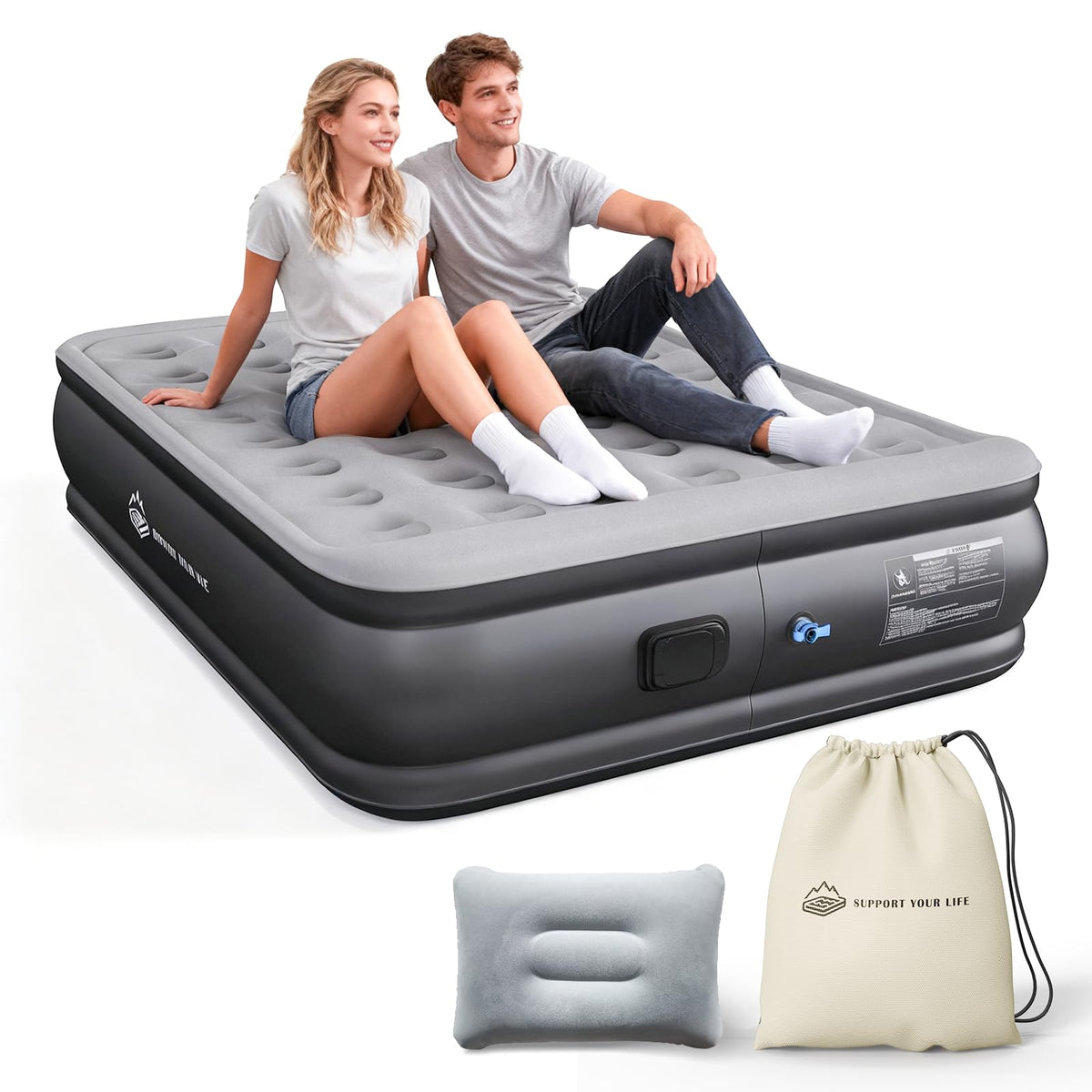 JUITOY Queen air mattress built-in pump enables quick setup for guests or camping.