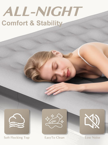JUITOY Queen air mattress with integrated pillow supports head and neck for comfort.