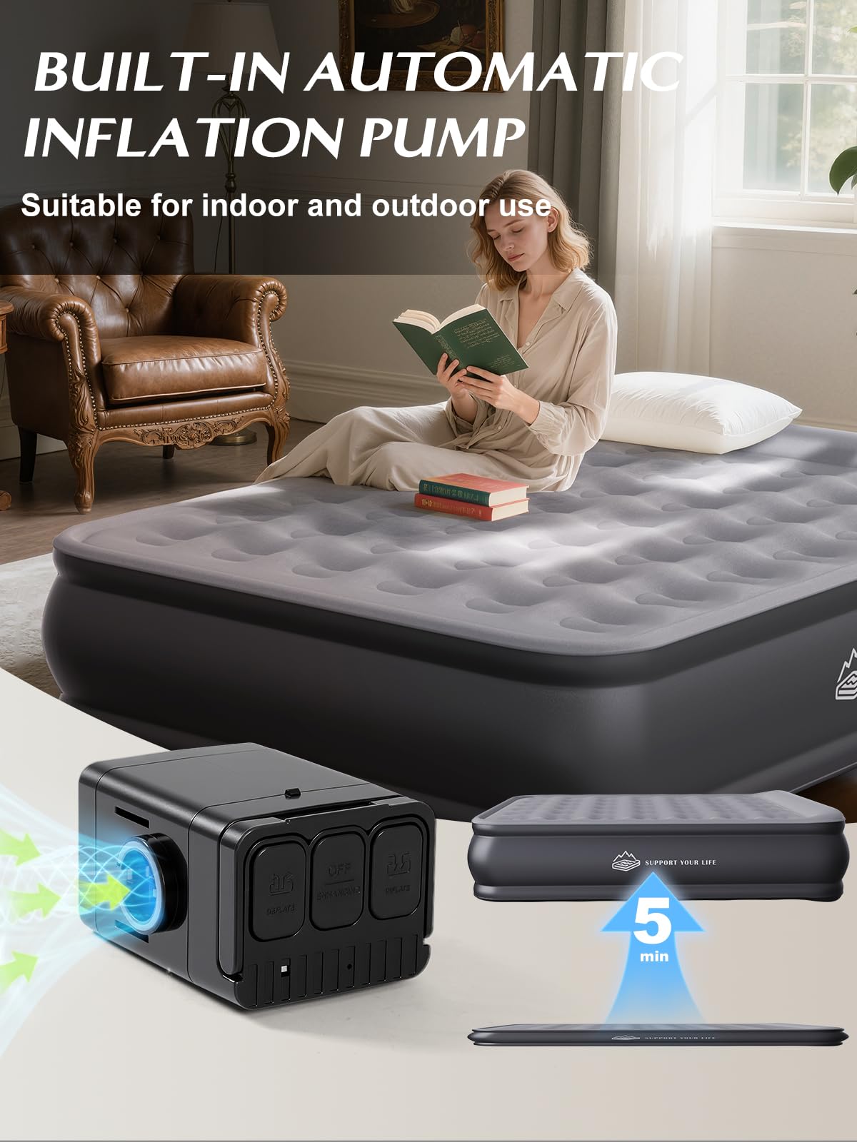 JUITOY Queen air mattress is lightweight and packable for travel and storage.