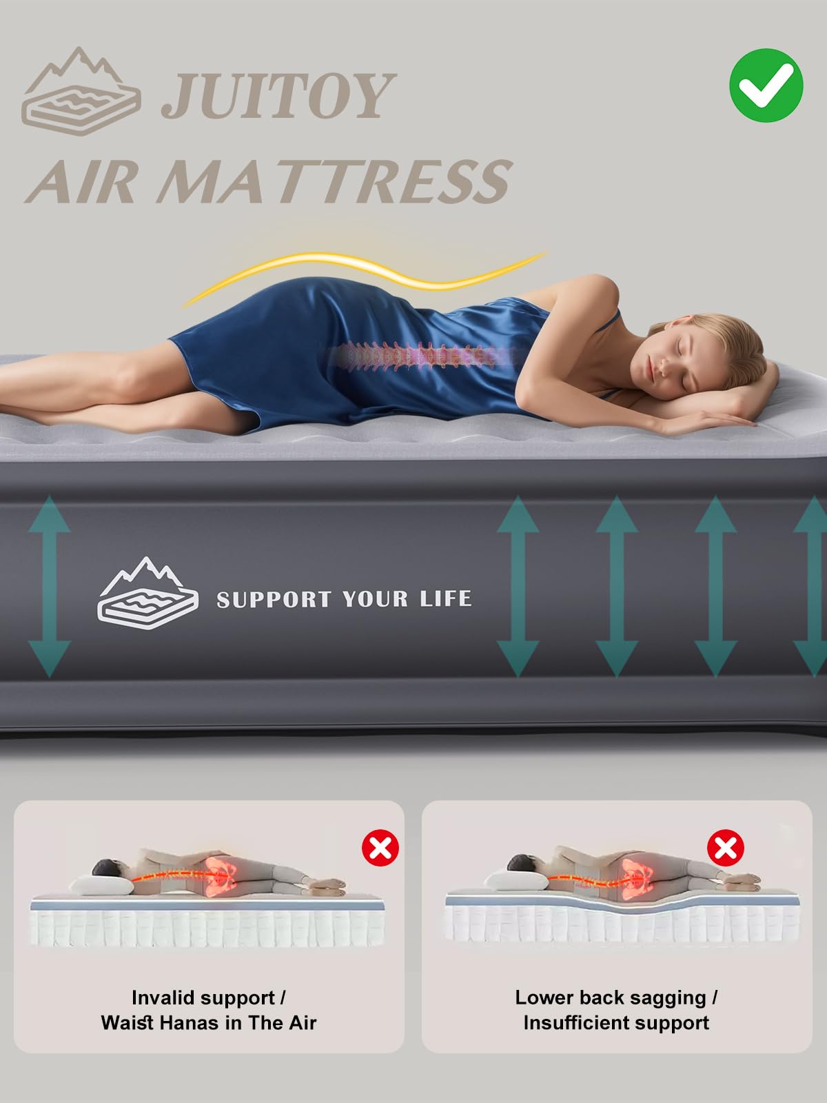 JUITOY Queen air mattress demonstrates soft fleece surface for added comfort.