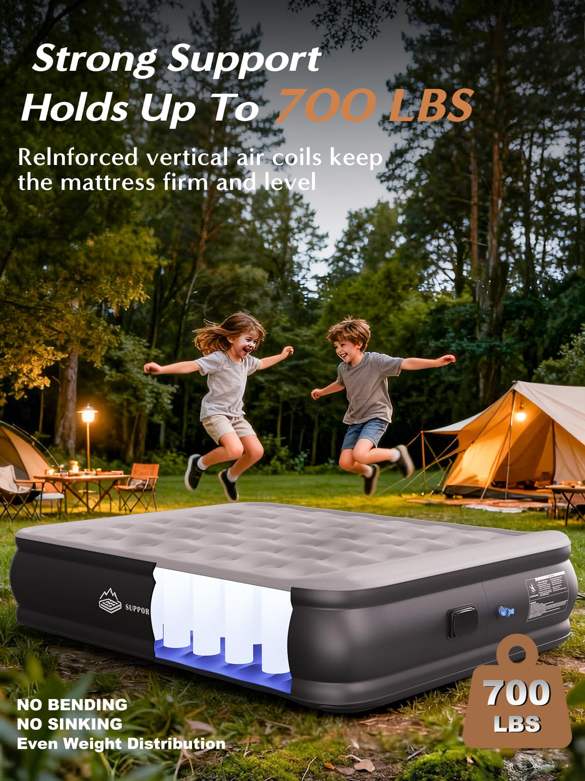 JUITOY Queen air mattress shows tear-resistant PVC construction for durability.