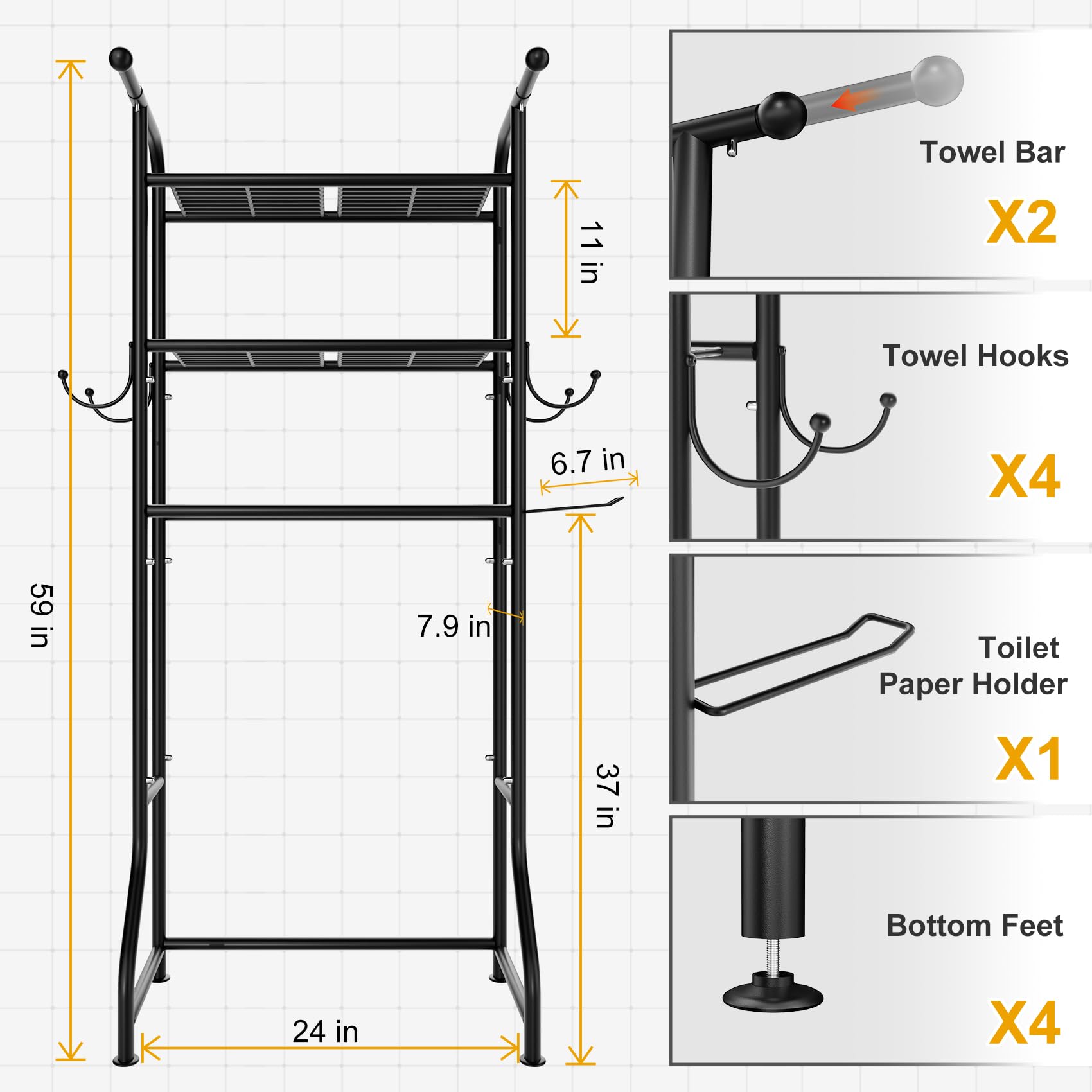 JUKAMO bathroom shelf with two towel bars side view for drying towels