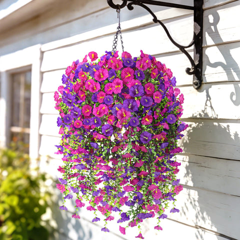 Julako hanging flowers basket with 480 blooms boosts outdoor curb appeal.