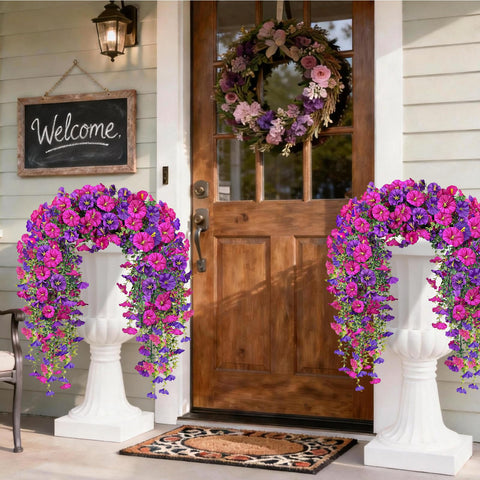 Julako fuchsia and light-purple blooms brighten porches with maintenance-free appeal.