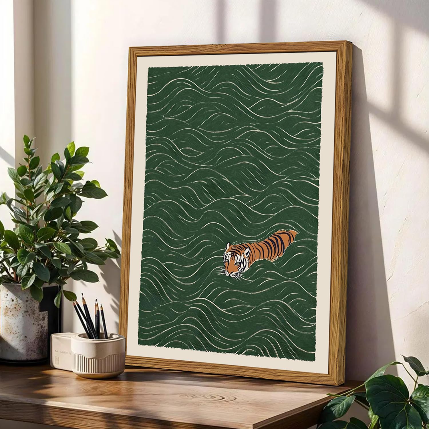 Julaydi framed Japanese tiger wall art retro green waves adds vintage charm.