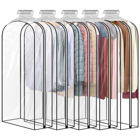 JUMBO FILTER 60-inch clear garment bag set protects long gowns during storage.
