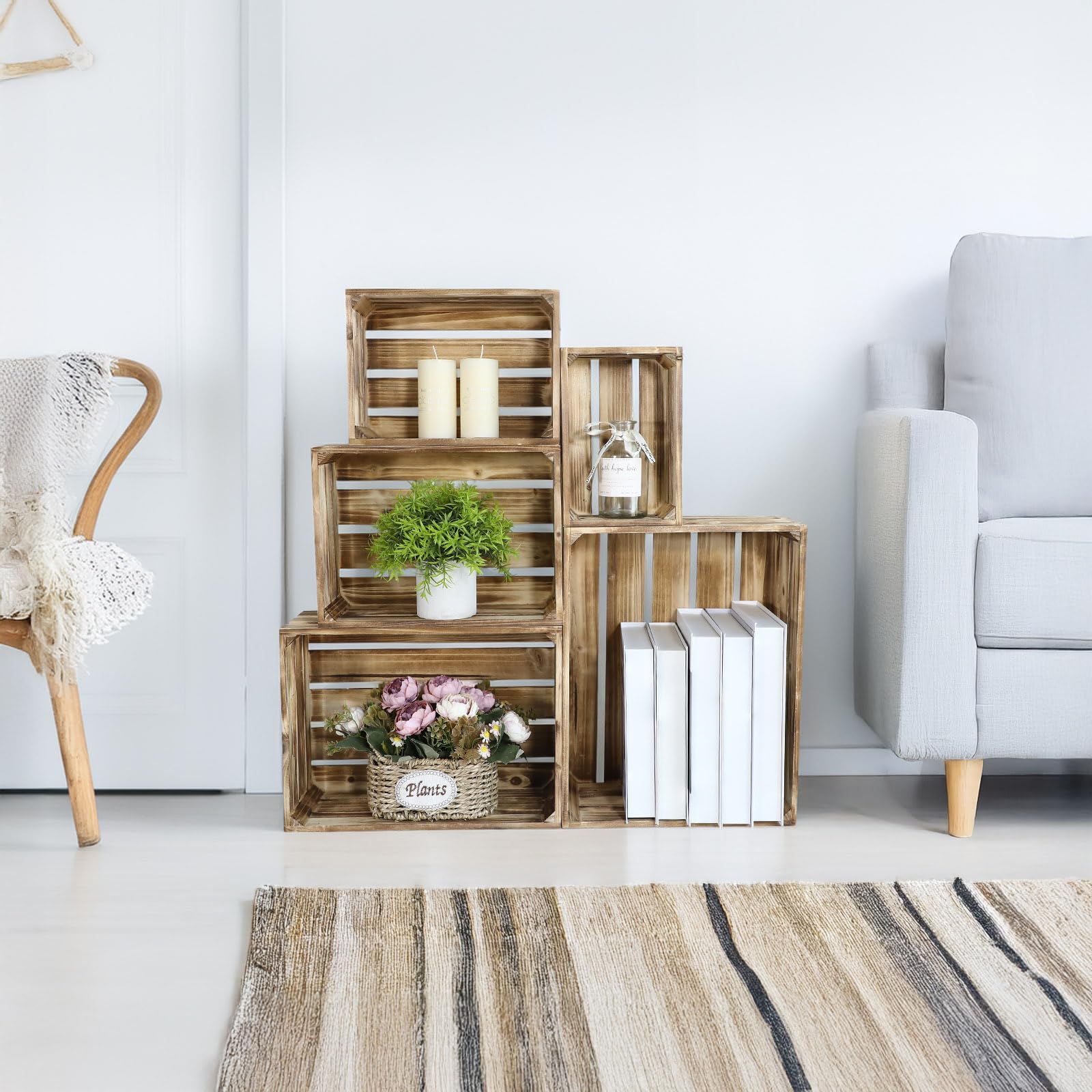 Farmhouse decor scene with JUMBO HUMBLE crates on a console and shelves.