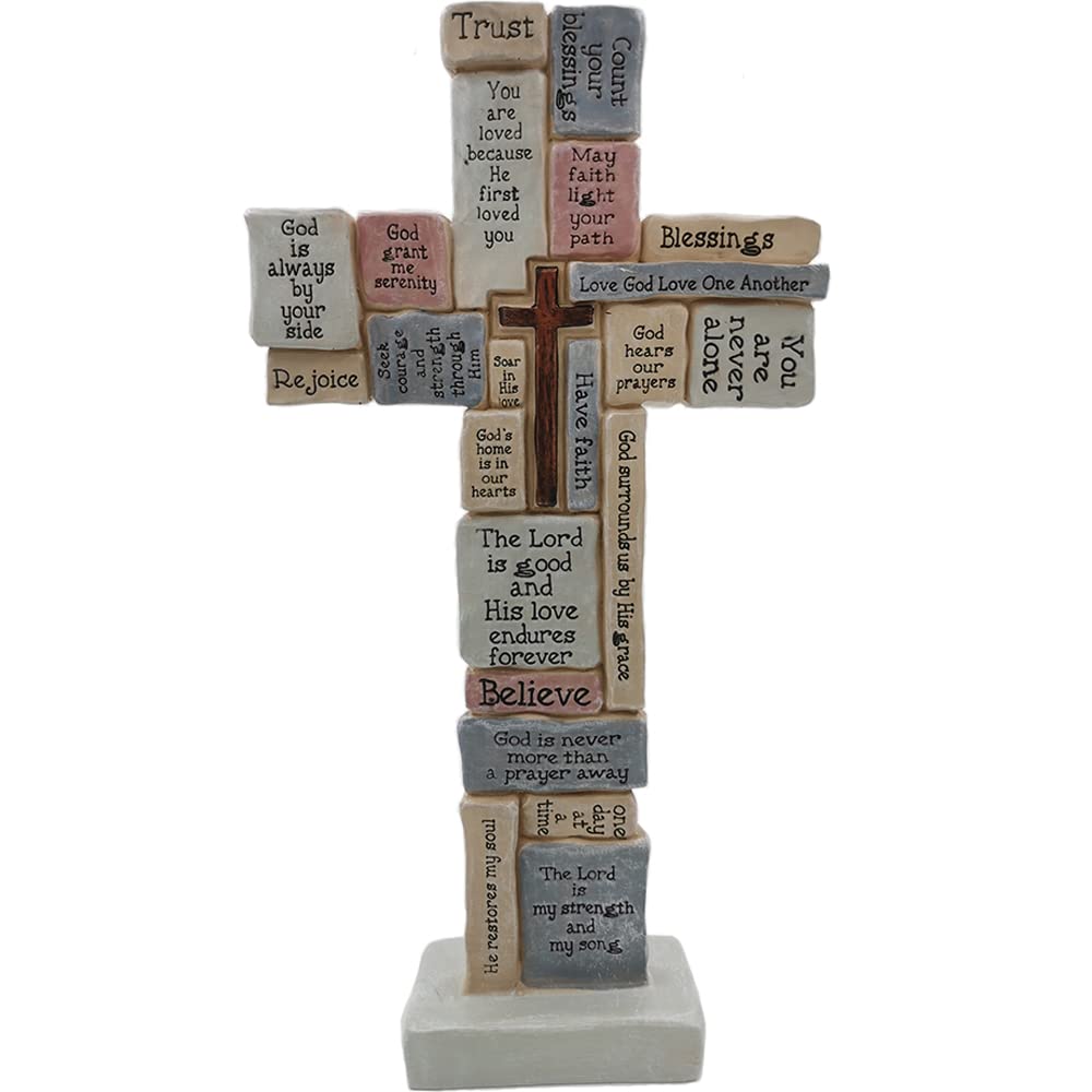 Jumiz cross sculpture with engraved words, ideal as a thoughtful living room centerpiece
