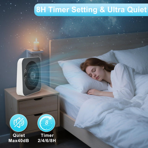 JUMXION box fan with USB-C cord for flexible power options.