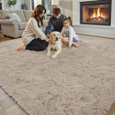 Junhejiamei beige 8x10 living room rug enhances decor with a velvety feel.