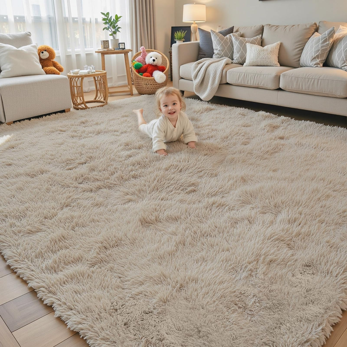 Junhejiamei beige 8x10 rug with soft plush texture for cozy living spaces.