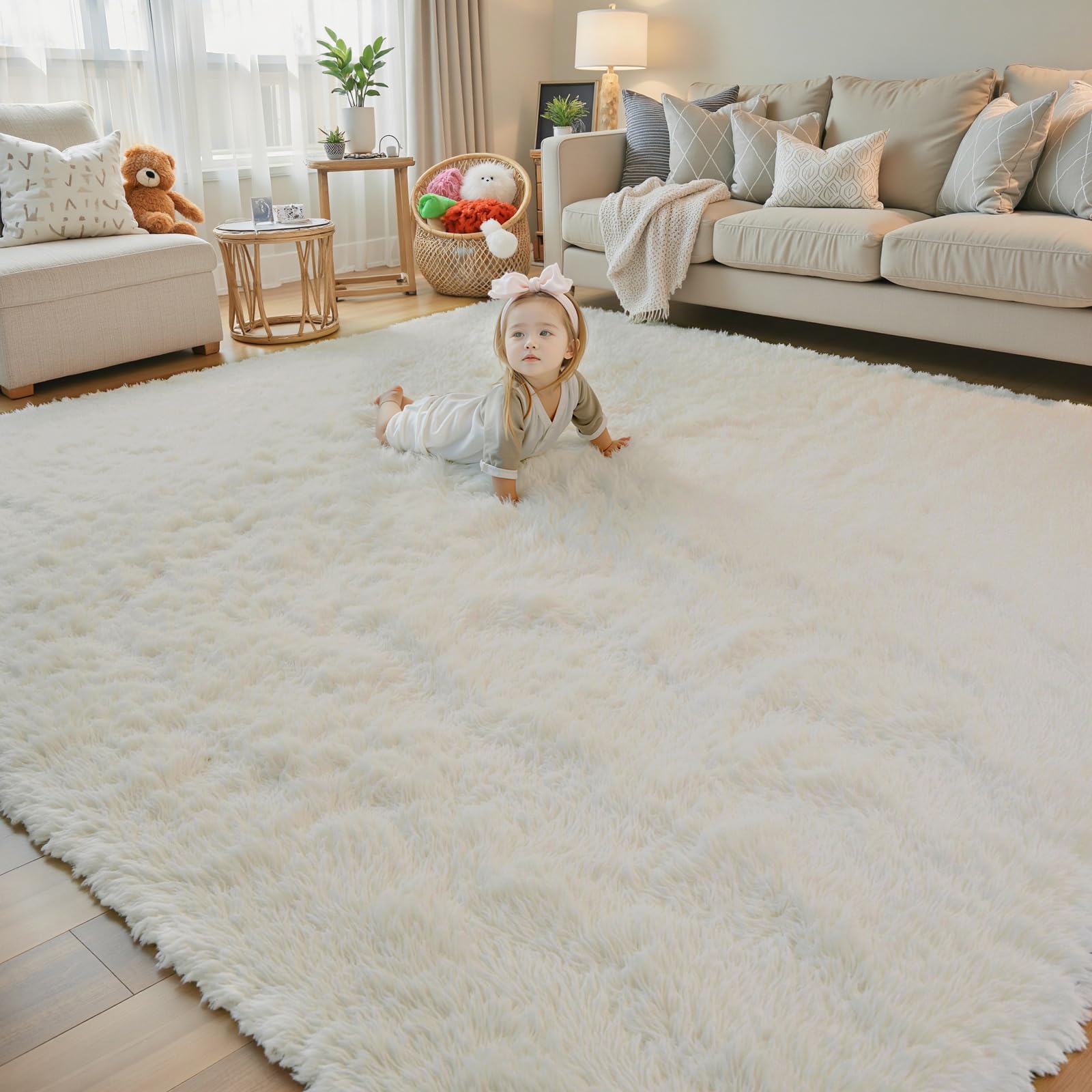 Junhejiamei cream 8x10 shag rug closeup shows soft plush texture for cozy living spaces.
