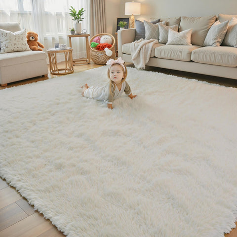 Junhejiamei cream 8x10 shag rug closeup shows soft plush texture for cozy living spaces.