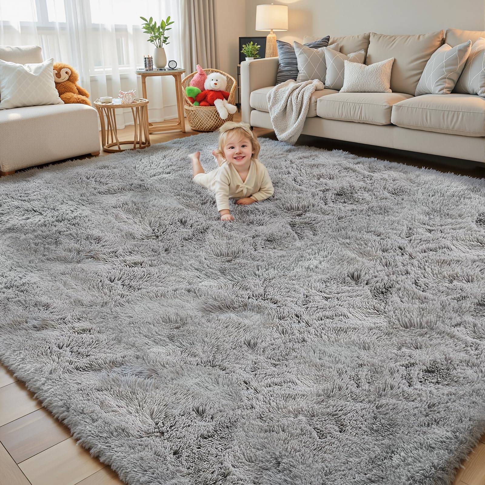 Junhejiamei light grey 8x10 shag rug adds warmth and a soft living room focal point.