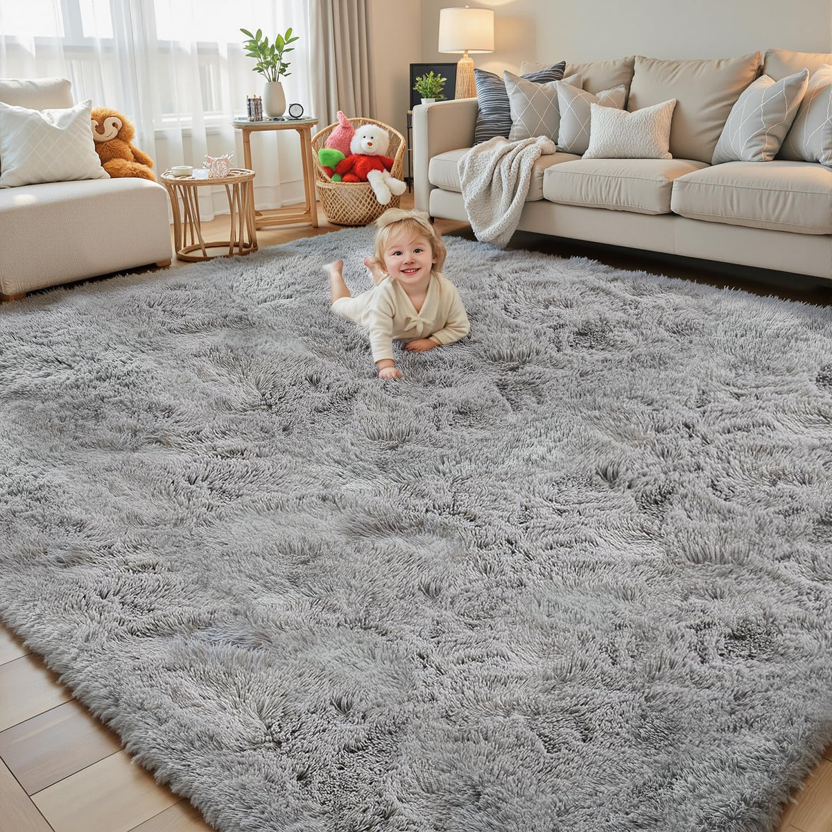 Junhejiamei light grey 8x10 shag rug adds warmth and a soft living room focal point.