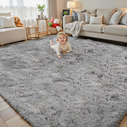 Junhejiamei light grey 8x10 shag rug adds warmth and a soft living room focal point.