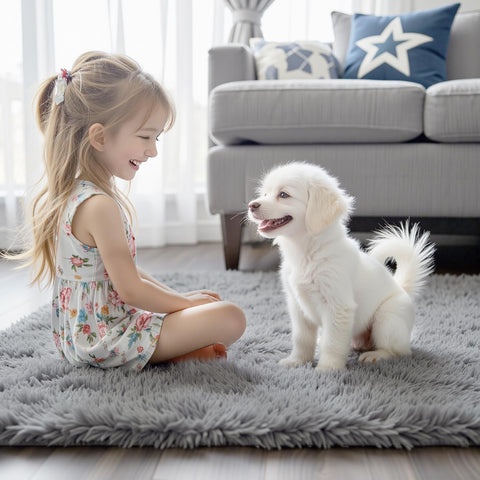 Junhejiamei warm grey rug helps moderate cold floors and adds comfort.