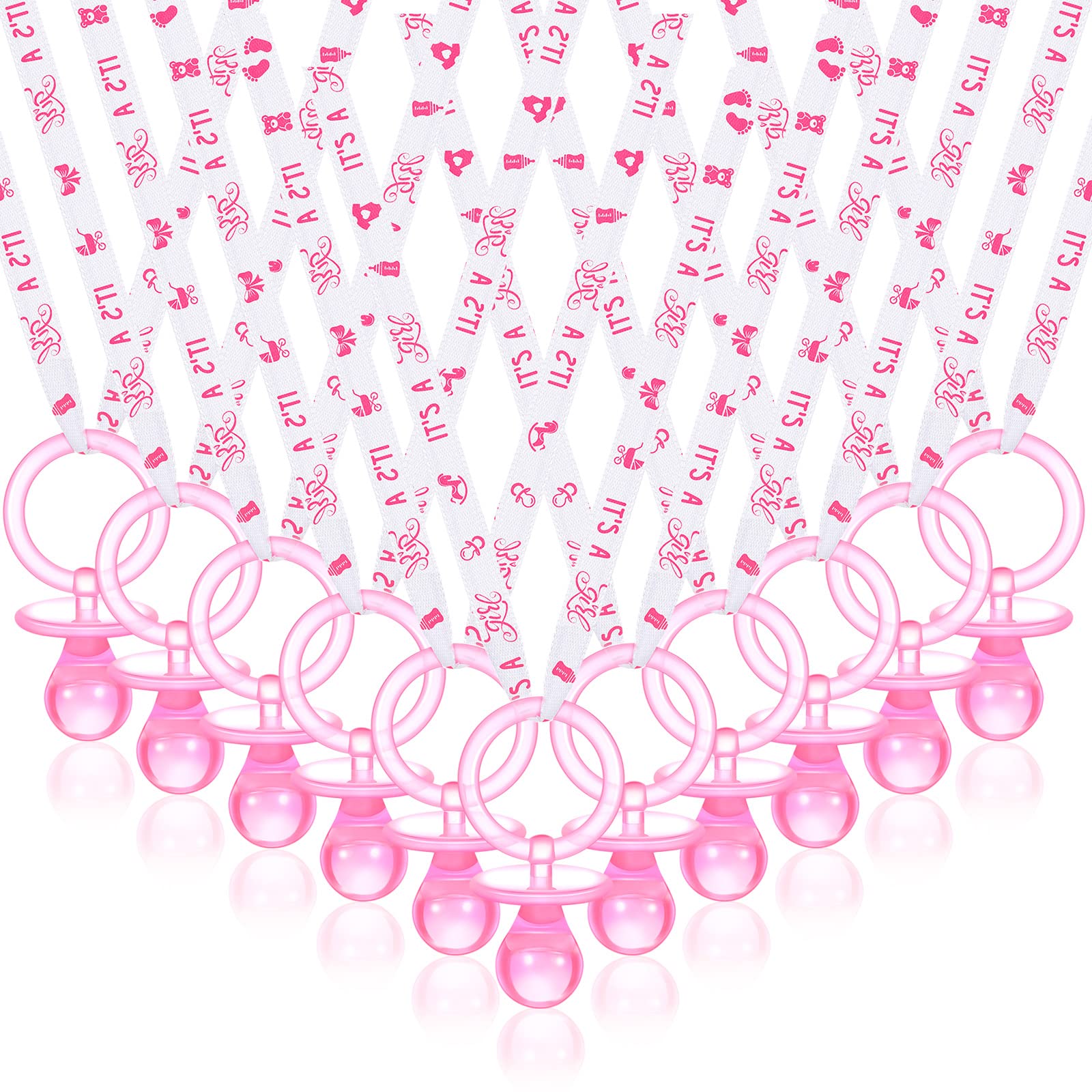 Junkin pacifier necklace pink strap close-up, ideal for party favors at baby showers.