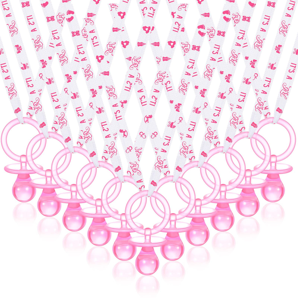 Junkin pacifier necklace pink strap close-up, ideal for party favors at baby showers.