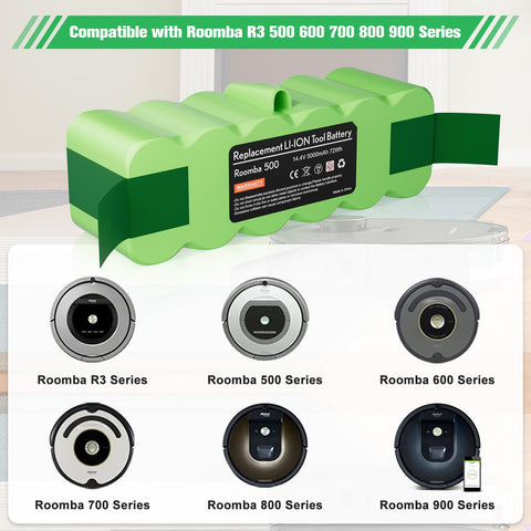 JUNWOOD Li-ion 14.4V 6400mAh Roomba battery compatible with multiple Roomba series for dependable power.