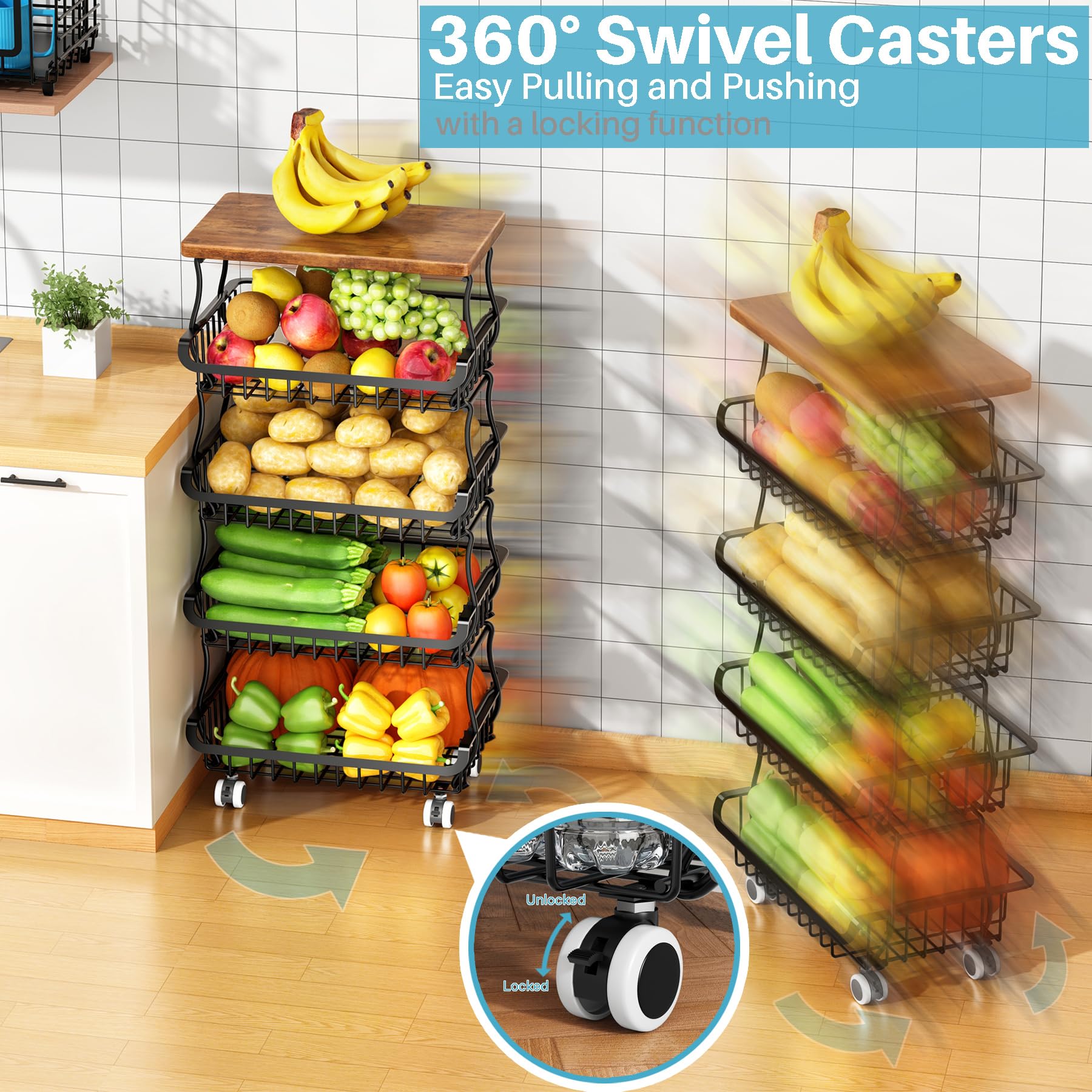 Swivel casters with two locks provide smooth movement and stability for Jusdyrack cart