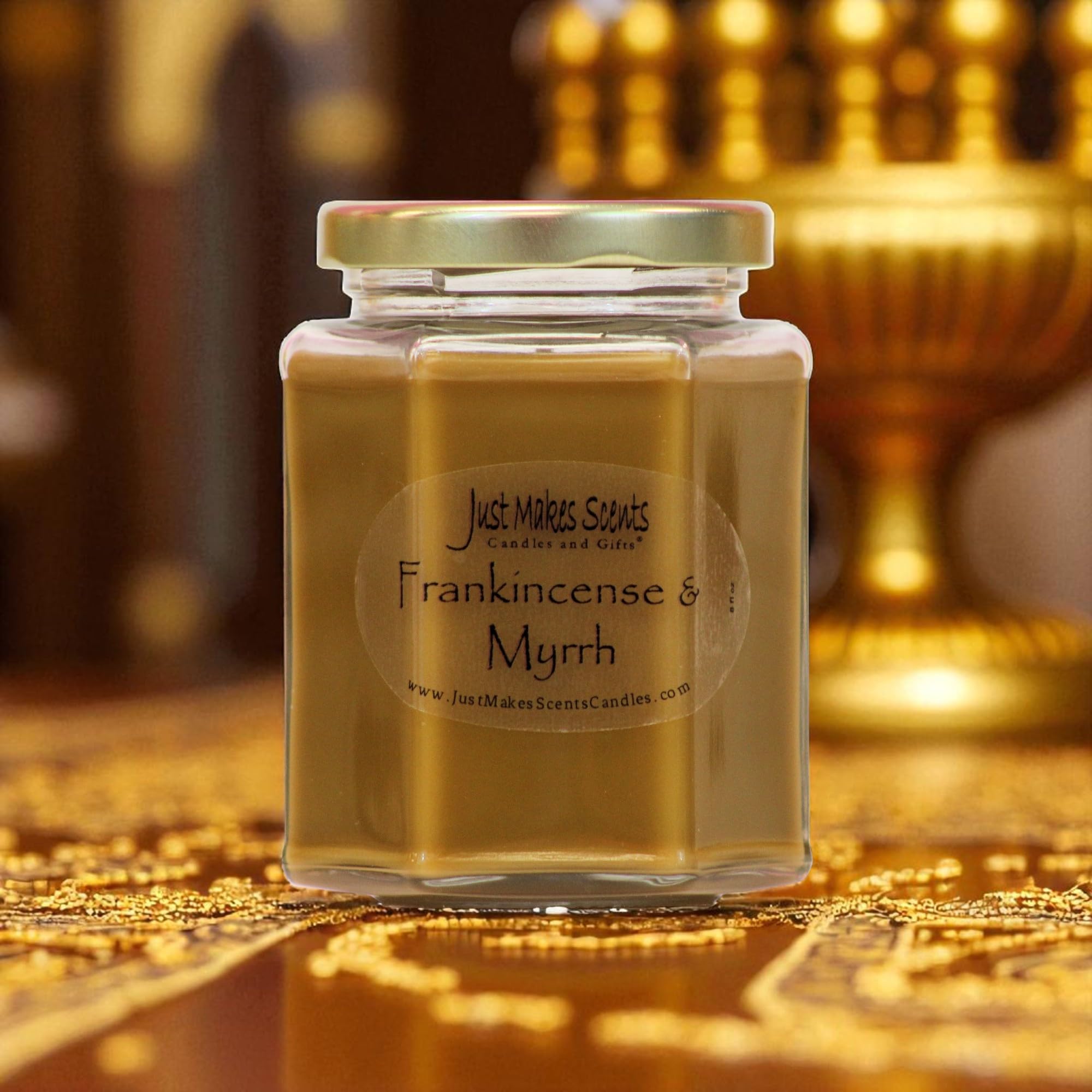 Just Makes Scents Frankincense and Myrrh candle glow enhances home atmosphere