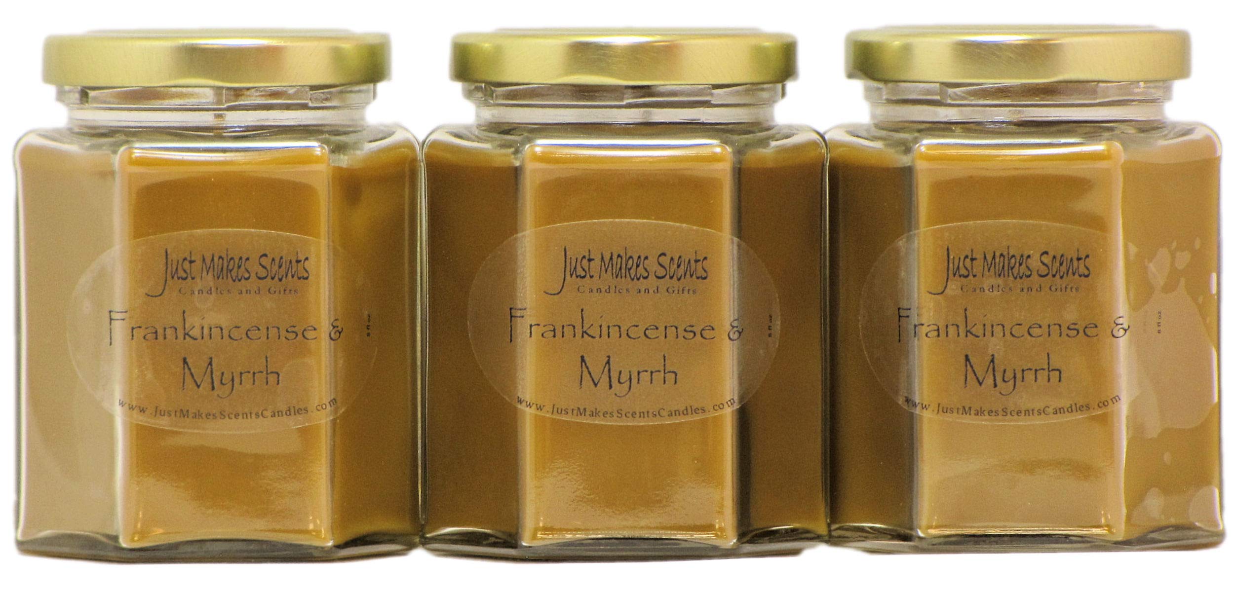 Just Makes Scents Frankincense and Myrrh 3 pack candles on a surface for cozy evenings