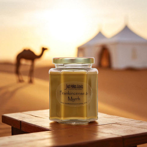 Just Makes Scents Frankincense and Myrrh jar burning evoking warm ambience