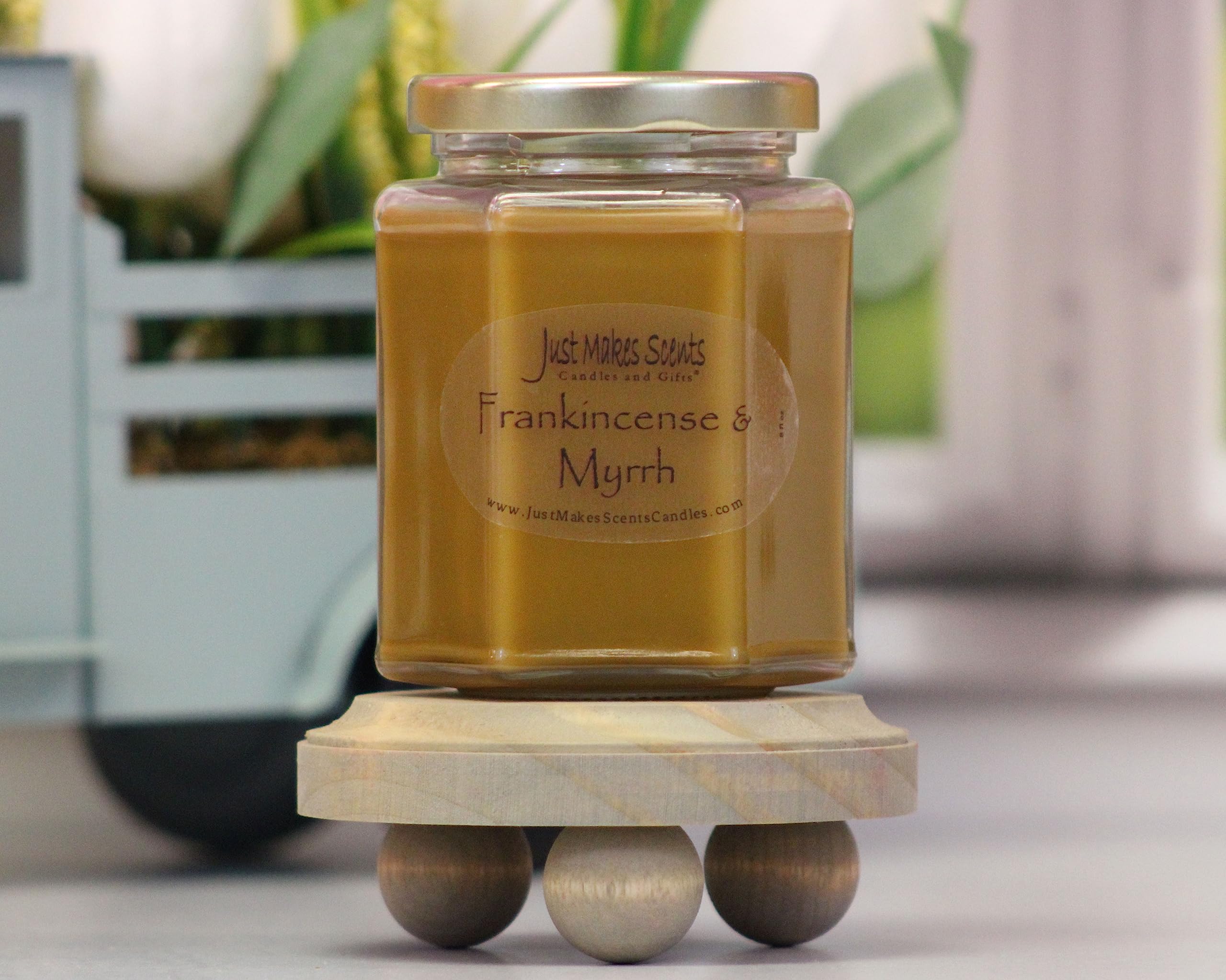 Just Makes Scents Frankincense and Myrrh label closeup with premium fragrance details