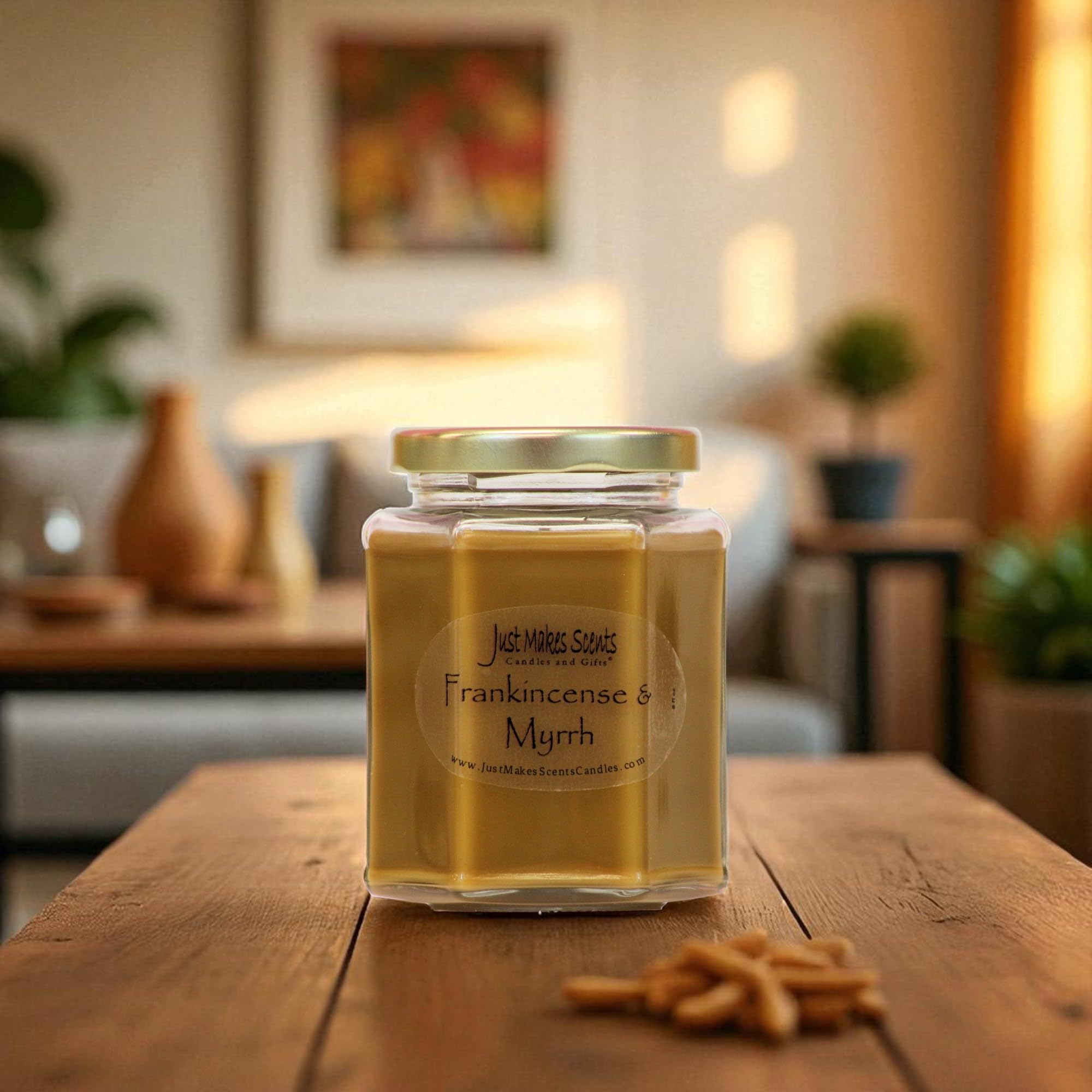 Just Makes Scents Frankincense and Myrrh wax detail showing soy blend for clean burn