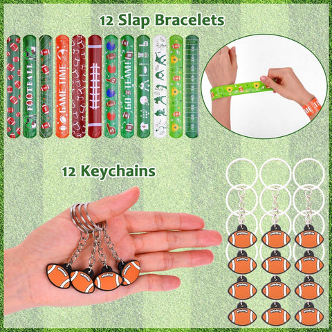 Justforjoyful football keychains and mini footballs as guest keepsakes.