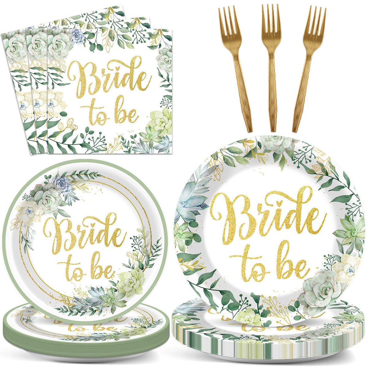 Justforjoyful sage green bride-to-be plates for an elegant wedding shower.