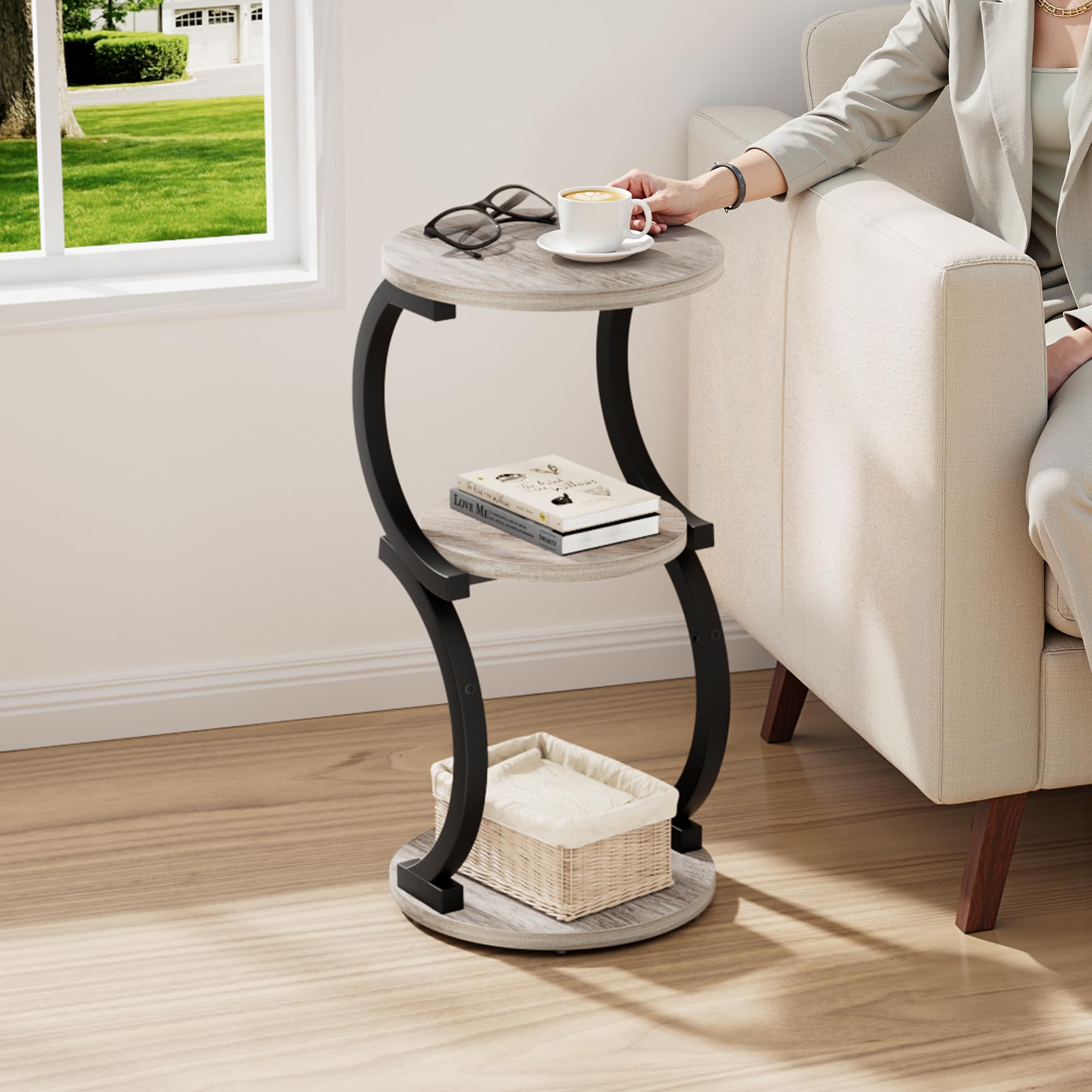 JUSTOGO 3-tier end table shown in living room setup for versatile storage.