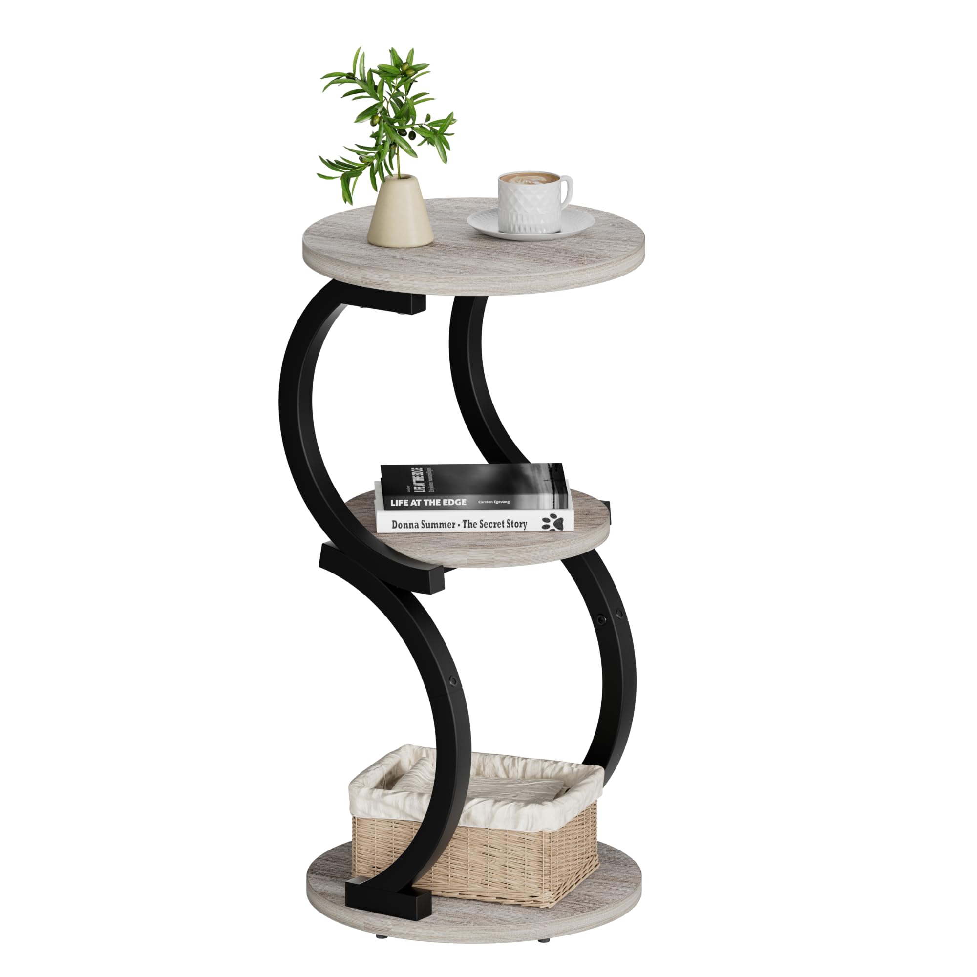JUSTOGO small round side table with wood top and black frame for compact spaces.