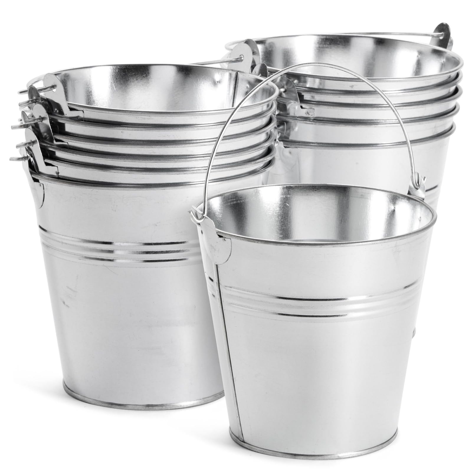 Juvale galvanized buckets with handles in silver finish for rustic party decor.
