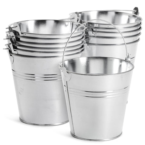 Juvale galvanized buckets with handles in silver finish for rustic party decor.